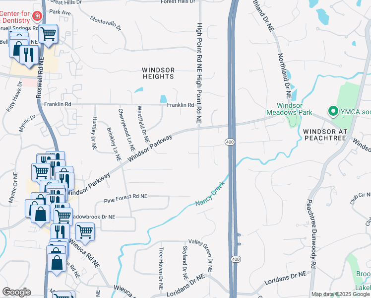 map of restaurants, bars, coffee shops, grocery stores, and more near 550 High Point Lane in Sandy Springs