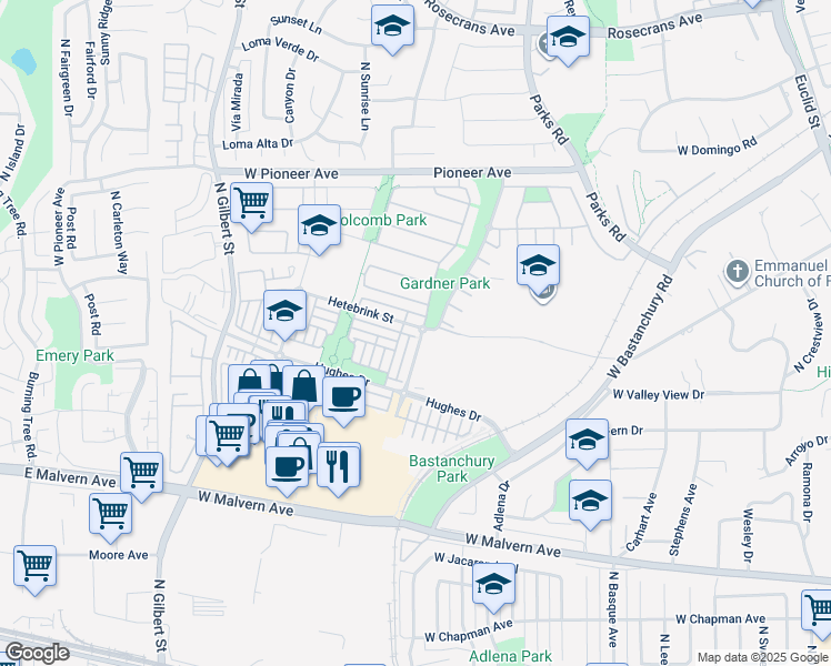 map of restaurants, bars, coffee shops, grocery stores, and more near 2006 Hetebrink Street in Fullerton