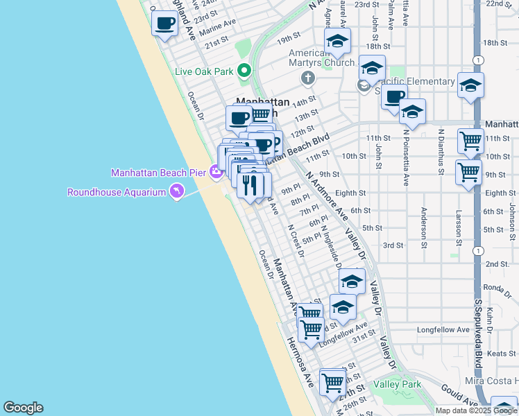 map of restaurants, bars, coffee shops, grocery stores, and more near 900 Manhattan Avenue in Manhattan Beach