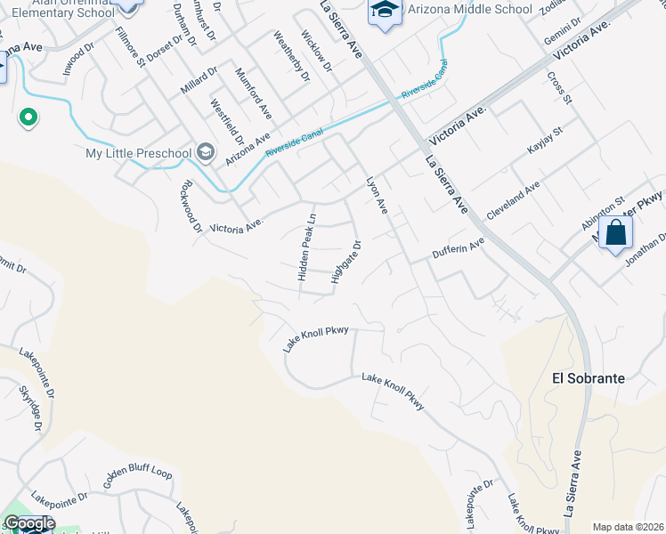map of restaurants, bars, coffee shops, grocery stores, and more near 17220 Noble View Circle in Riverside