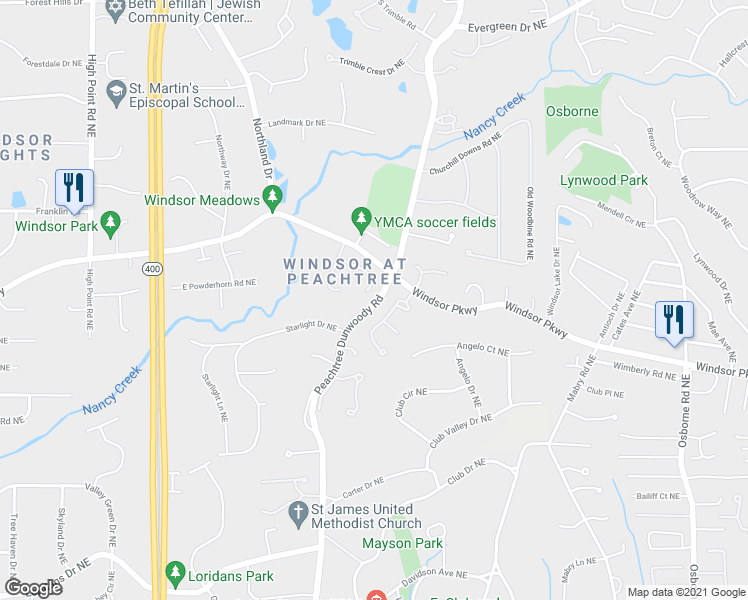 map of restaurants, bars, coffee shops, grocery stores, and more near 310 Windsor Gate Cove Northeast in Atlanta