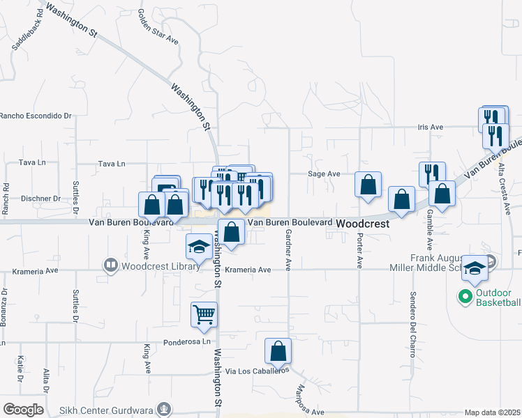 map of restaurants, bars, coffee shops, grocery stores, and more near 16220 Stevens Lane in Riverside