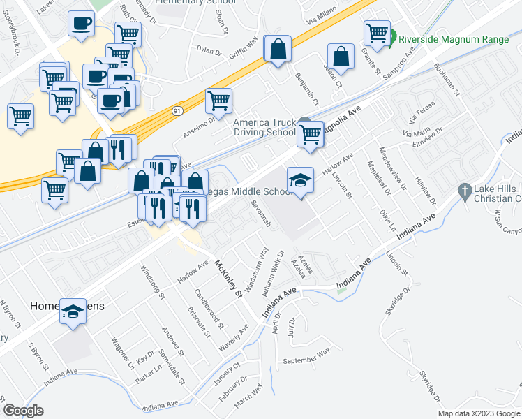 map of restaurants, bars, coffee shops, grocery stores, and more near 12880 Magnolia Avenue in Riverside