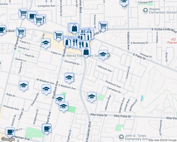 map of restaurants, bars, coffee shops, grocery stores, and more near 1213 North Vecino Lane in Placentia