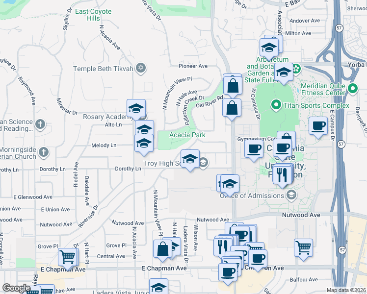 map of restaurants, bars, coffee shops, grocery stores, and more near 2201 Victoria Drive in Fullerton