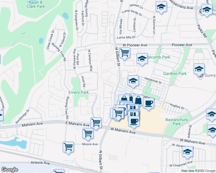 map of restaurants, bars, coffee shops, grocery stores, and more near 1158 Whitewater Drive in Fullerton