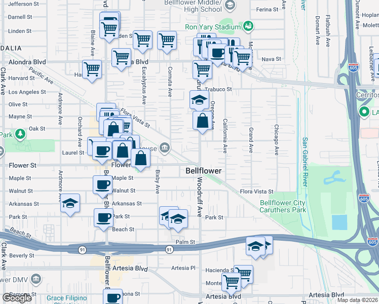map of restaurants, bars, coffee shops, grocery stores, and more near 16461 Woodruff Avenue in Bellflower