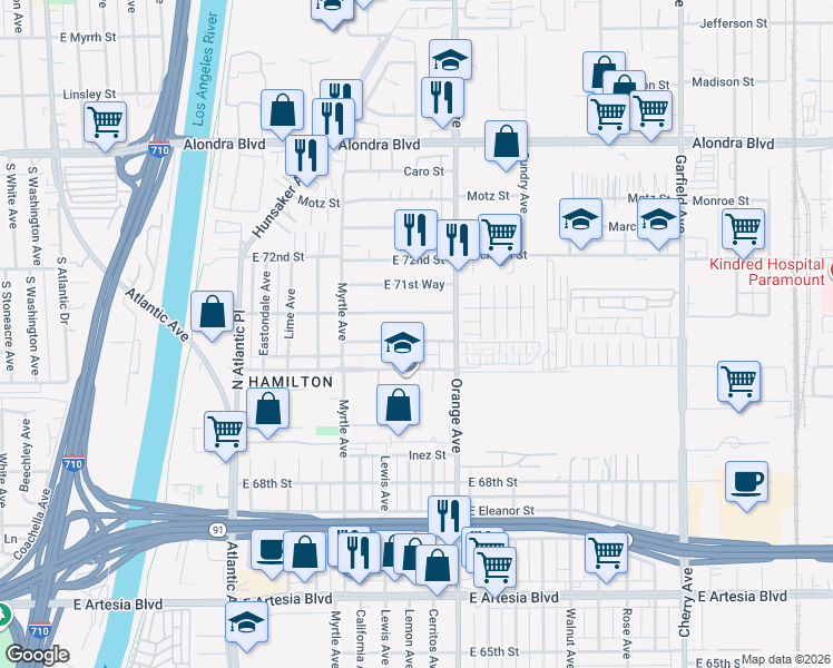 map of restaurants, bars, coffee shops, grocery stores, and more near 1112 East 71st Street in Long Beach
