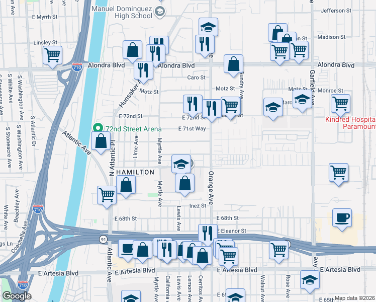 map of restaurants, bars, coffee shops, grocery stores, and more near 1112 East 71st Street in Long Beach