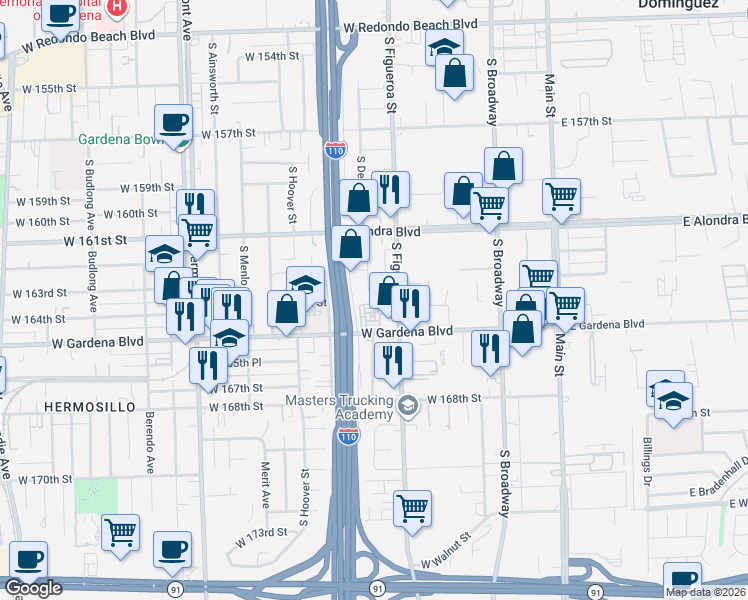 map of restaurants, bars, coffee shops, grocery stores, and more near 16307 South Denver Avenue in Gardena