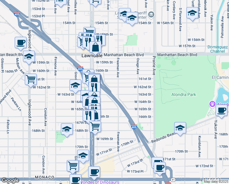 map of restaurants, bars, coffee shops, grocery stores, and more near 4228 Sombra Avenue in Lawndale