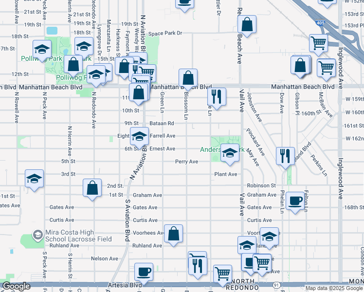 map of restaurants, bars, coffee shops, grocery stores, and more near 2016 Farrell Avenue in Redondo Beach