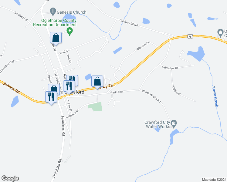 map of restaurants, bars, coffee shops, grocery stores, and more near 1085 Athens Rd in Crawford