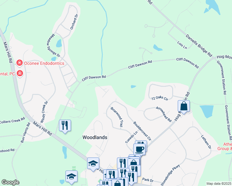 map of restaurants, bars, coffee shops, grocery stores, and more near 1021 Bouldercrest Court in Watkinsville