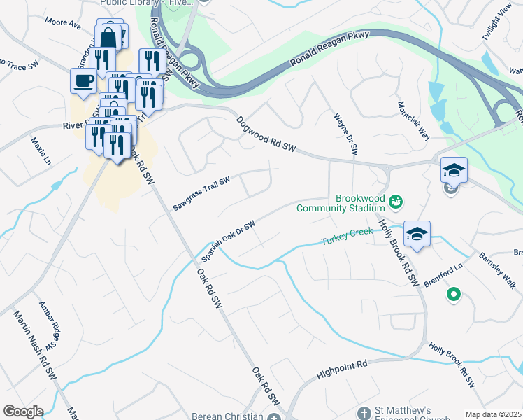 map of restaurants, bars, coffee shops, grocery stores, and more near 2857 Spanish Oak Drive Southwest in Lilburn