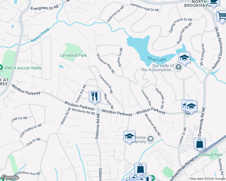 map of restaurants, bars, coffee shops, grocery stores, and more near 3191 Lynwood Drive Northeast in Atlanta
