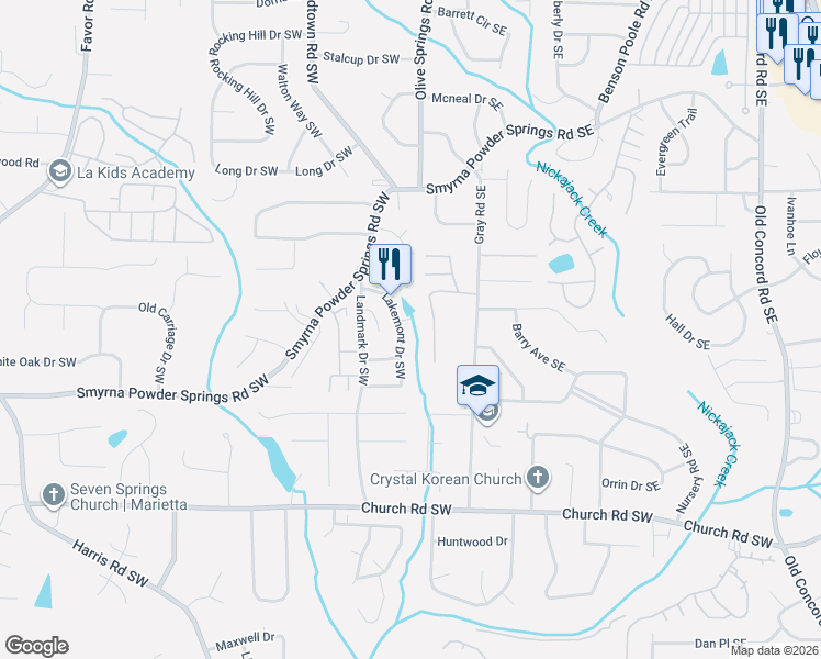 map of restaurants, bars, coffee shops, grocery stores, and more near 8 Christie Court Southwest in Marietta