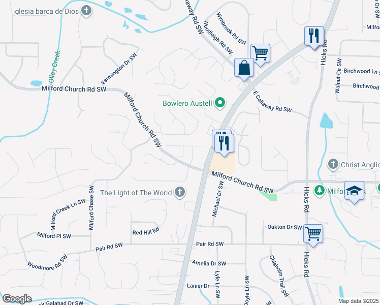 map of restaurants, bars, coffee shops, grocery stores, and more near 1276 Willamette Way in Marietta