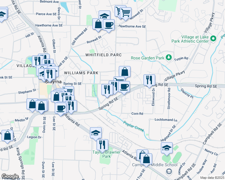 map of restaurants, bars, coffee shops, grocery stores, and more near 2864 Spring Villa Lane in Smyrna