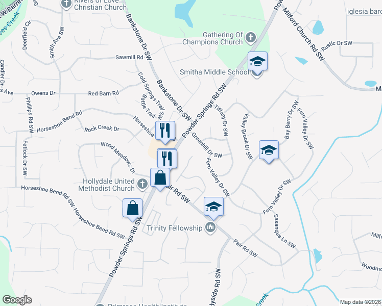map of restaurants, bars, coffee shops, grocery stores, and more near 2168 Sandell Trail Southwest in Marietta