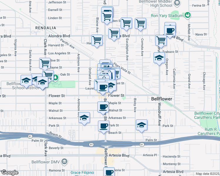 map of restaurants, bars, coffee shops, grocery stores, and more near 16632 Bellflower Boulevard in Bellflower