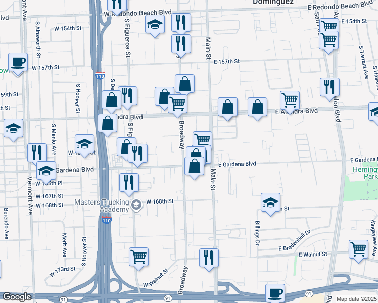 map of restaurants, bars, coffee shops, grocery stores, and more near 219 West Gardena Boulevard in Gardena