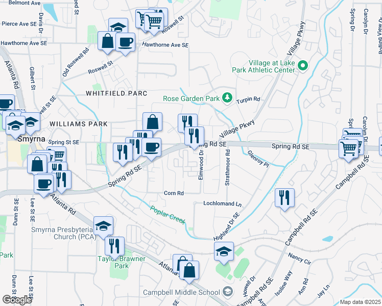 map of restaurants, bars, coffee shops, grocery stores, and more near 1810 Spring Road Southeast in Smyrna