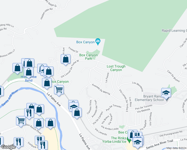 map of restaurants, bars, coffee shops, grocery stores, and more near 24345 La Homa in Yorba Linda