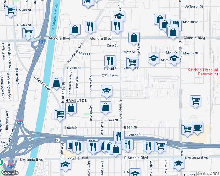 map of restaurants, bars, coffee shops, grocery stores, and more near 1112 East 71st Street in Long Beach