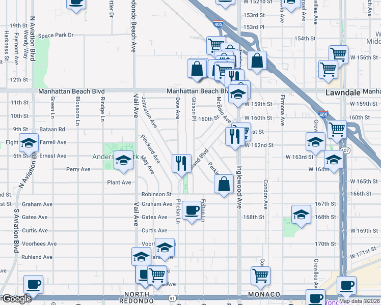 map of restaurants, bars, coffee shops, grocery stores, and more near 3211 Gibson Place in Redondo Beach