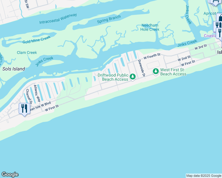 map of restaurants, bars, coffee shops, grocery stores, and more near 259 West 1st Street in Ocean Isle Beach