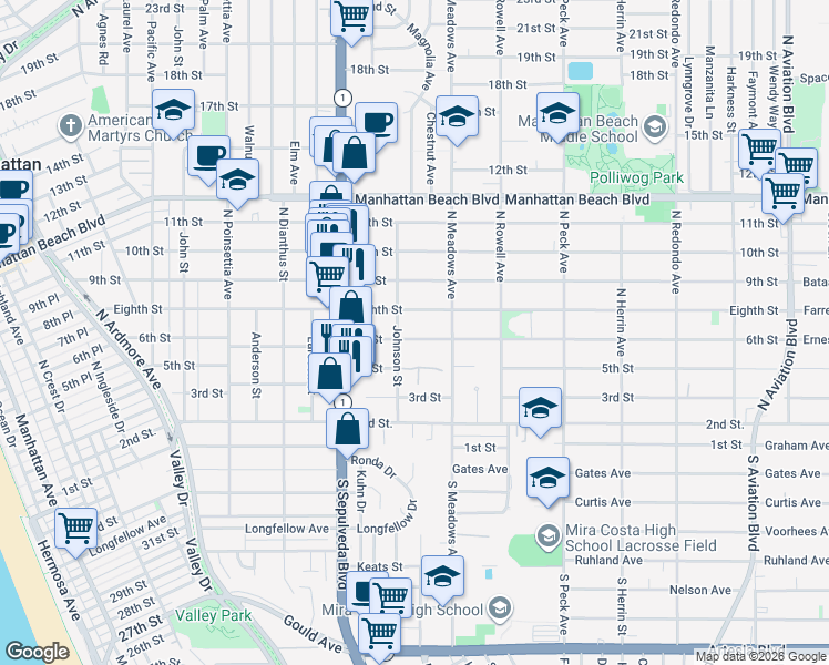 map of restaurants, bars, coffee shops, grocery stores, and more near 1217 6th Street in Manhattan Beach