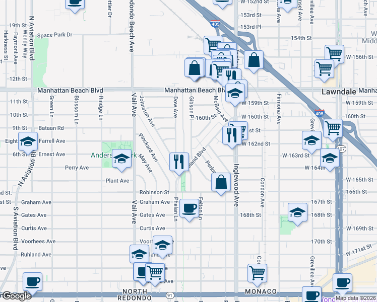 map of restaurants, bars, coffee shops, grocery stores, and more near 3211 Gibson Place in Redondo Beach