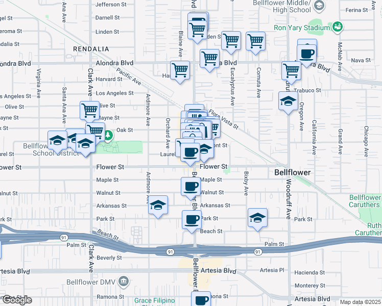 map of restaurants, bars, coffee shops, grocery stores, and more near 16632 Bellflower Boulevard in Bellflower
