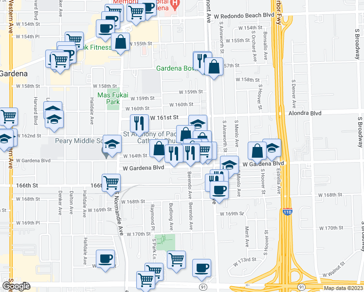 map of restaurants, bars, coffee shops, grocery stores, and more near 1114 West 163rd Street in Gardena