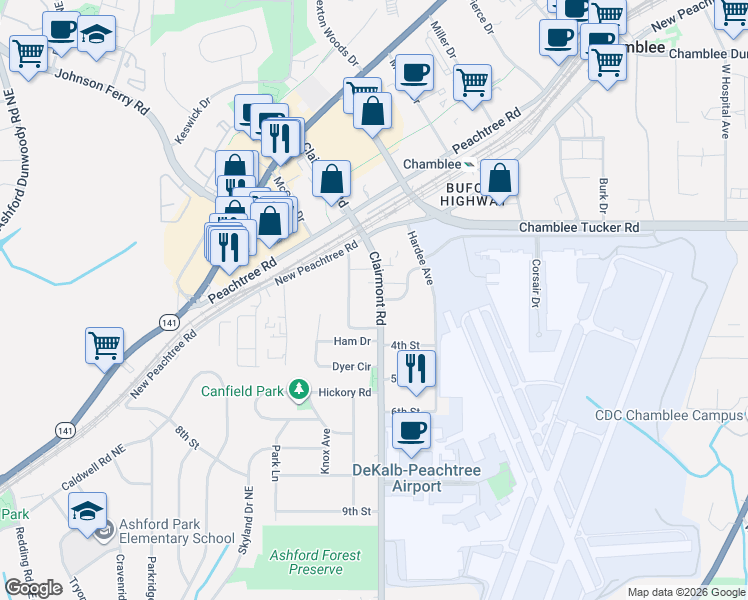 map of restaurants, bars, coffee shops, grocery stores, and more near 3211 Clairwood Terrace in Chamblee