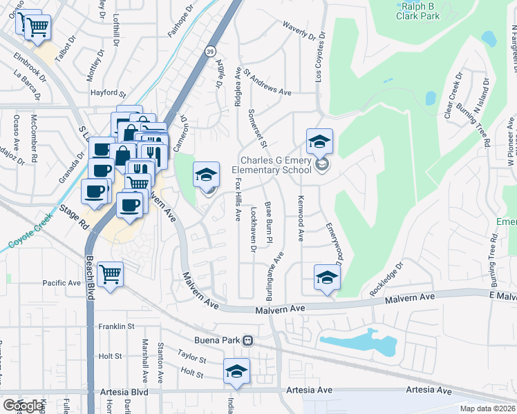 map of restaurants, bars, coffee shops, grocery stores, and more near 5370 Lockhaven Drive in Buena Park