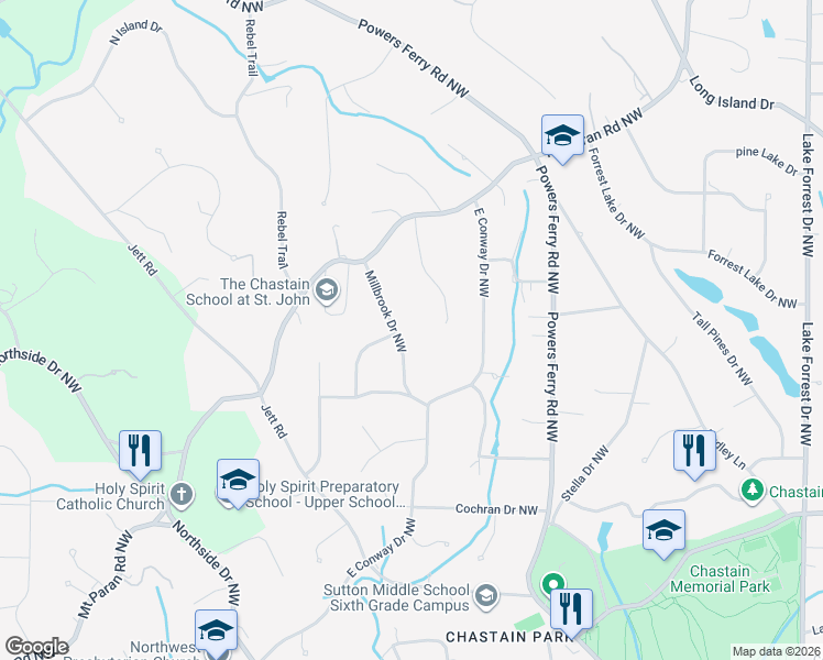 map of restaurants, bars, coffee shops, grocery stores, and more near 4675 Millbrook Dr NW in Atlanta