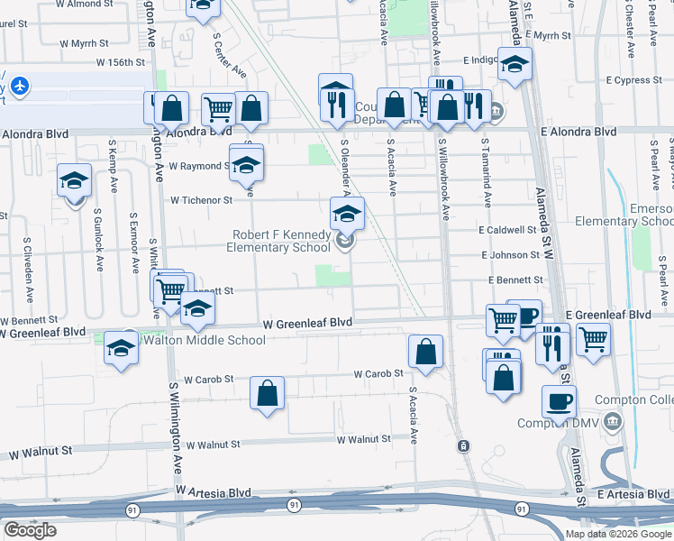 map of restaurants, bars, coffee shops, grocery stores, and more near 1305 South Oleander Avenue in Compton