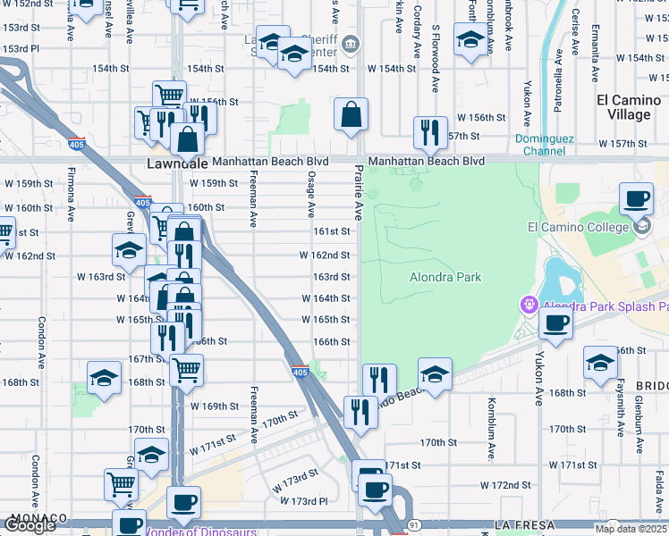 map of restaurants, bars, coffee shops, grocery stores, and more near 4035 163rd Street in Lawndale