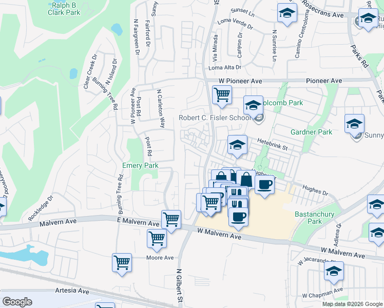 map of restaurants, bars, coffee shops, grocery stores, and more near 1146 Whitewater Drive in Fullerton