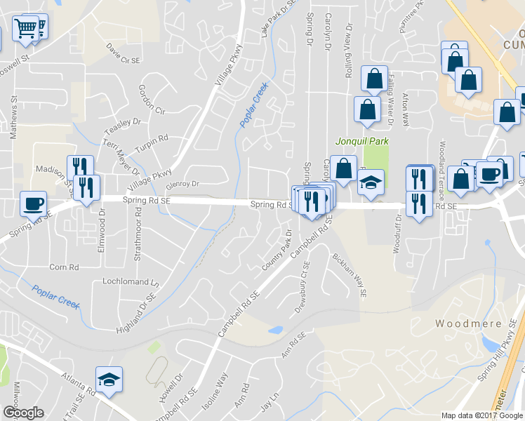 map of restaurants, bars, coffee shops, grocery stores, and more near 308 Countryside Place in Smyrna