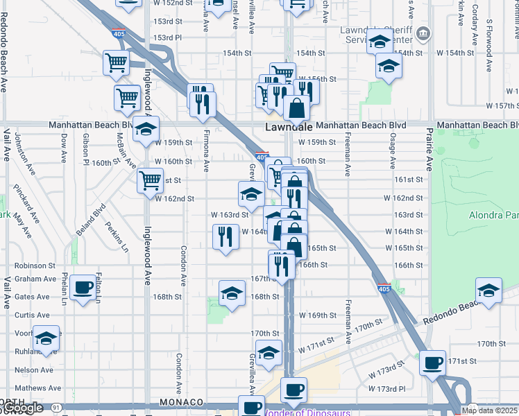 map of restaurants, bars, coffee shops, grocery stores, and more near 4445 163rd Street in Lawndale