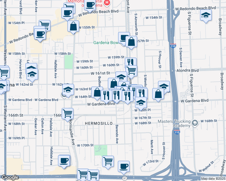 map of restaurants, bars, coffee shops, grocery stores, and more near 1110 West 163rd Street in Gardena