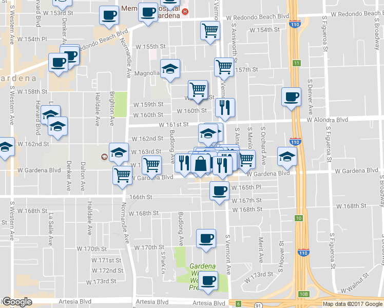 map of restaurants, bars, coffee shops, grocery stores, and more near 1114 West 163rd Street in Gardena