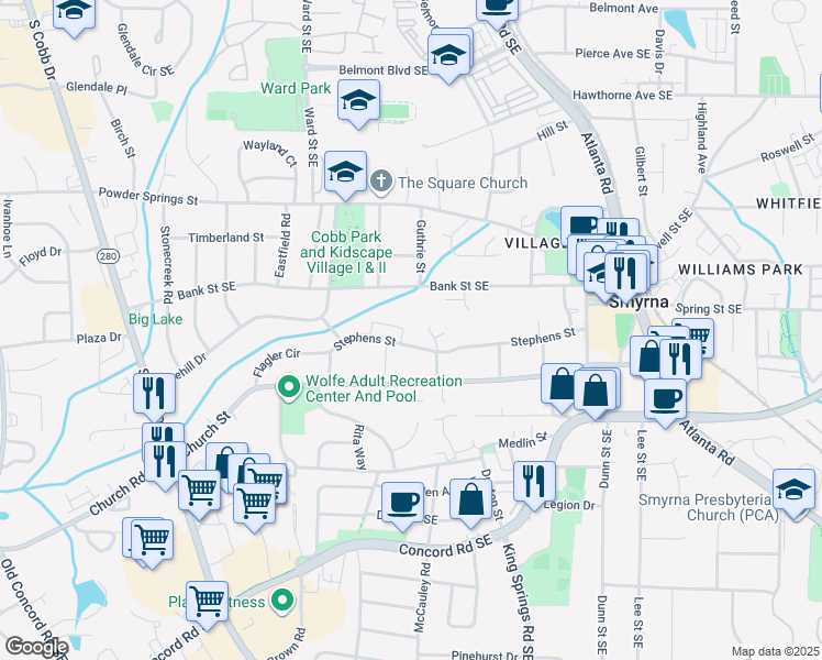 map of restaurants, bars, coffee shops, grocery stores, and more near 1102 Madison Lane South East in Smyrna