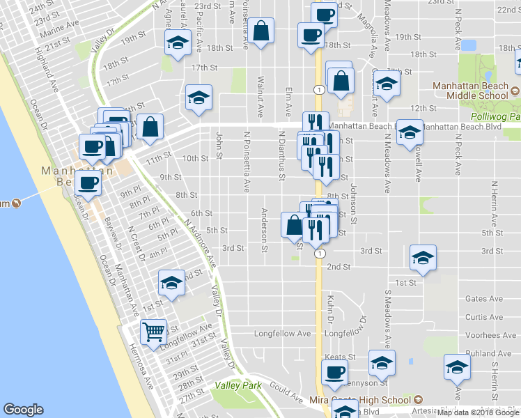 map of restaurants, bars, coffee shops, grocery stores, and more near 617 Anderson Street in Manhattan Beach