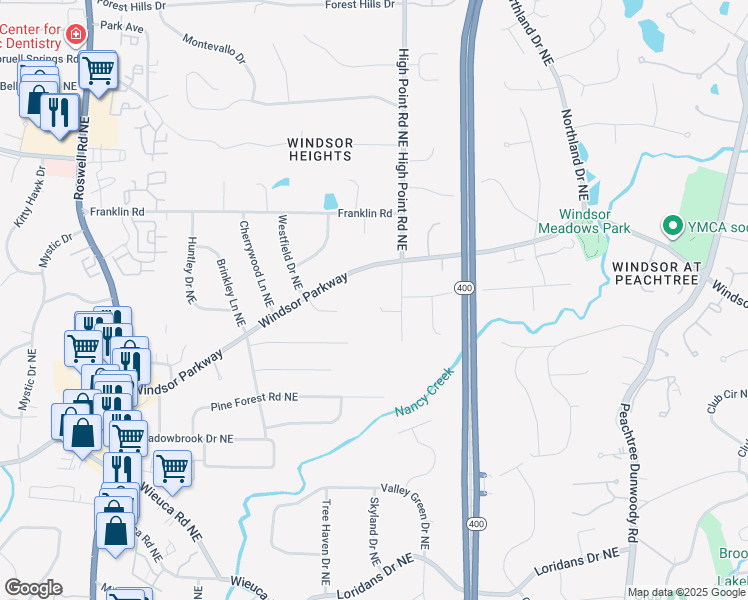 map of restaurants, bars, coffee shops, grocery stores, and more near 550 High Point Lane in Sandy Springs