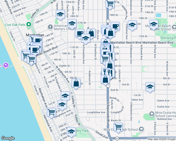 map of restaurants, bars, coffee shops, grocery stores, and more near 617 Anderson Street in Manhattan Beach