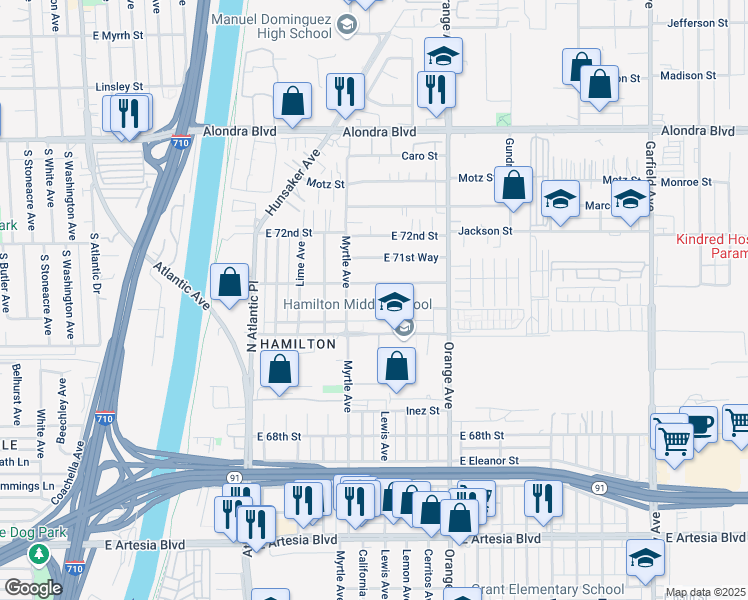 map of restaurants, bars, coffee shops, grocery stores, and more near 16600 Orange Avenue in Paramount